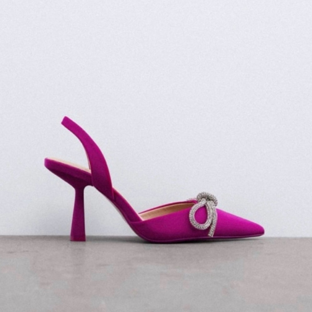 SOLD-Elegant ZARA Pink Slingback Heels with Silver Bow, Size 39(8.5) - Picture 2 of 10